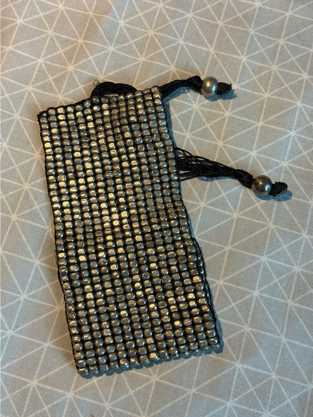 Wide Silver Hand-Beaded Fabric Cuff Bracelet